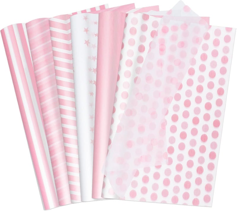 Ethanberg 60 Sheets Gift Wrapping Tissue Paper Bulk, Pink Dots Stripes Waves Print Tissue Paper for Gift Bags, Decorative Art Papers for DIY Crafts Wedding Birthday Holiday Party Decor, 20x14 Inches - Image 1